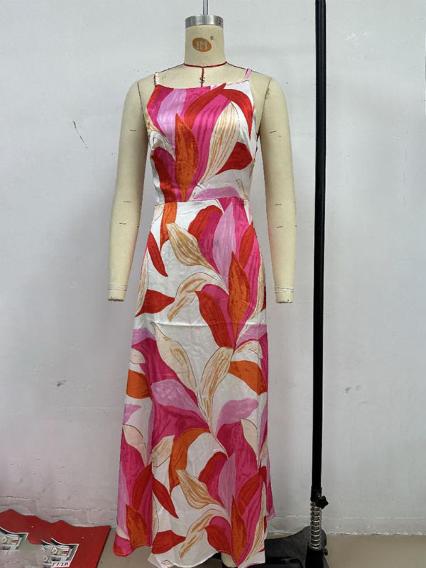 Fashionable leaf print sleeveless backless dress