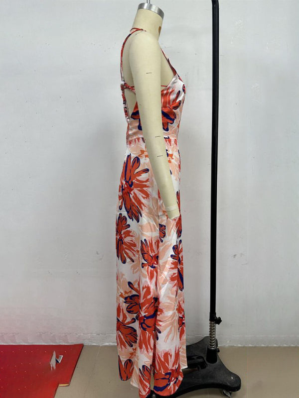 Fashion Orange Floral Print Sleeveless Backless Dress