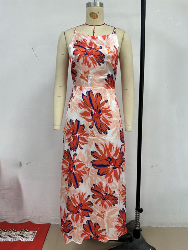 Fashion Orange Floral Print Sleeveless Backless Dress