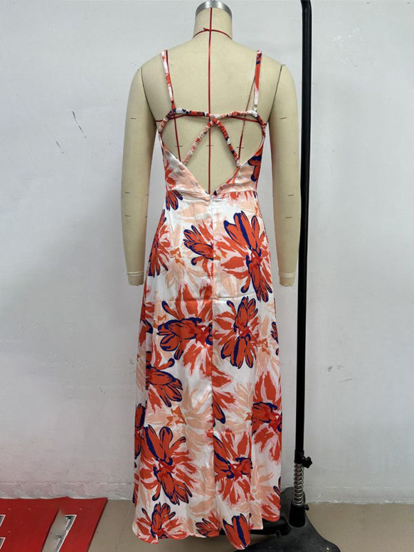 Fashion Orange Floral Print Sleeveless Backless Dress