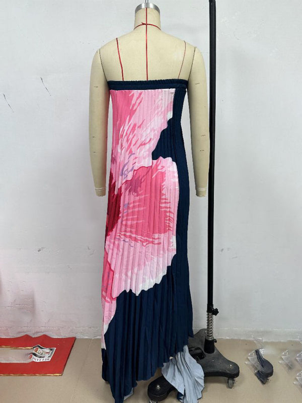Pleated Positioning Printed Bandeau Swing Dress