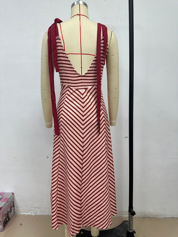 Dark Brown Striped Holiday Style Backless Lace-up Sexy Low-cut V-neck Dress
