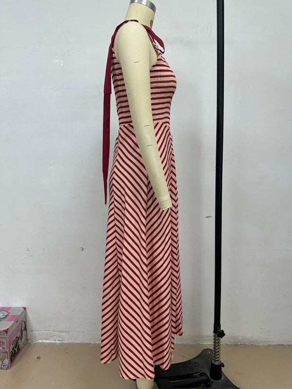 Dark Brown Striped Holiday Style Backless Lace-up Sexy Low-cut V-neck Dress
