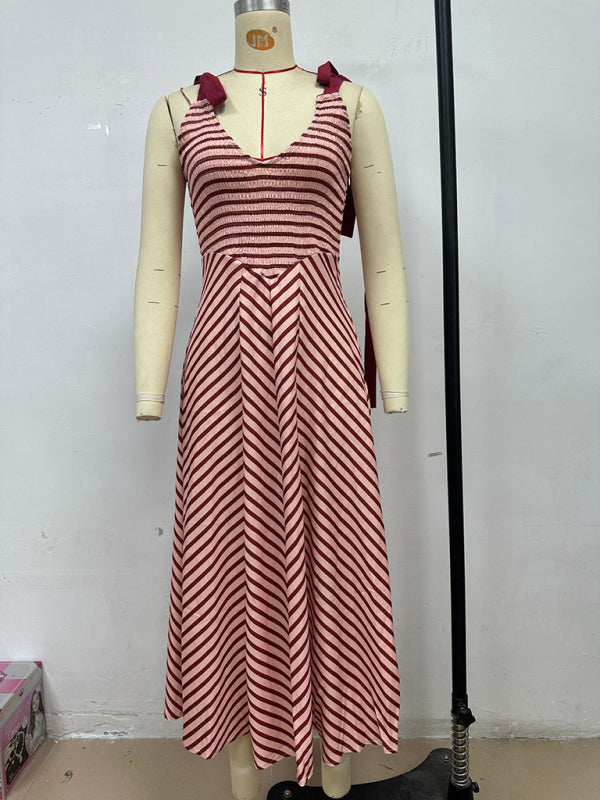 Dark Brown Striped Holiday Style Backless Lace-up Sexy Low-cut V-neck Dress