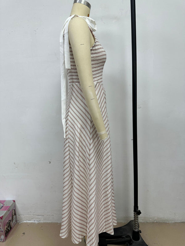 Light grey striped holiday style backless lace-up sexy low-cut V-neck dress