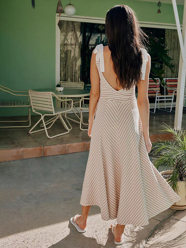 Light grey striped holiday style backless lace-up sexy low-cut V-neck dress