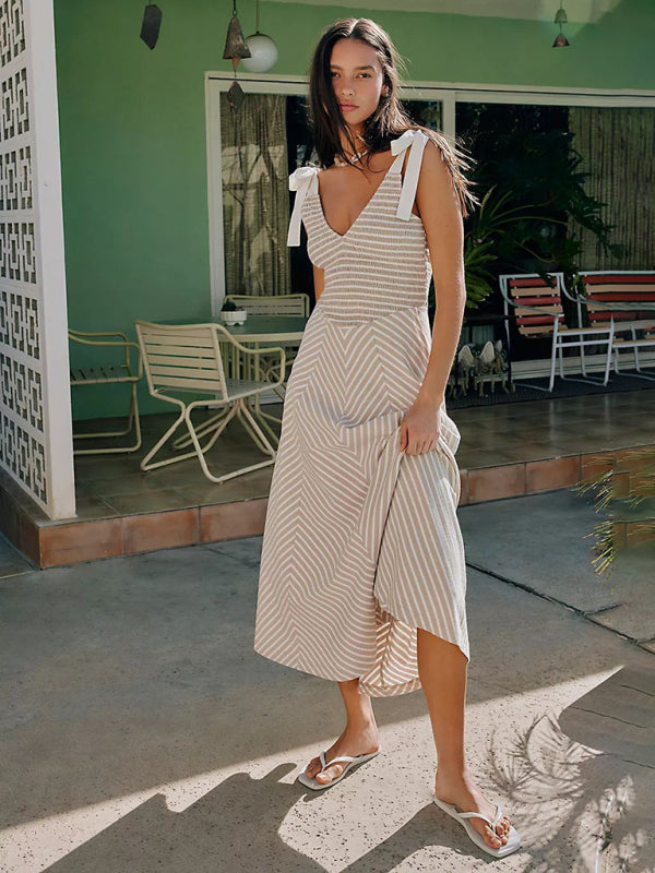Light grey striped holiday style backless lace-up sexy low-cut V-neck dress
