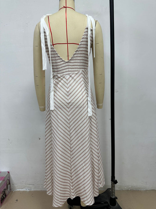 Light grey striped holiday style backless lace-up sexy low-cut V-neck dress