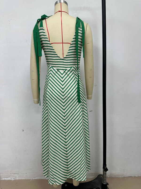 Light green striped holiday style backless lace-up sexy low-cut V-neck dress