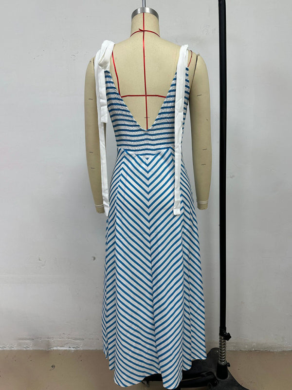 Light blue striped holiday style backless lace-up sexy low-cut V-neck dress