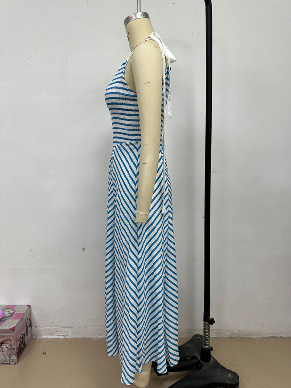 Light blue striped holiday style backless lace-up sexy low-cut V-neck dress