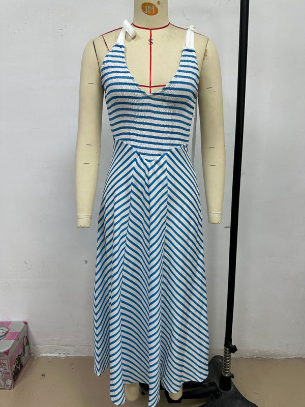 Light blue striped holiday style backless lace-up sexy low-cut V-neck dress