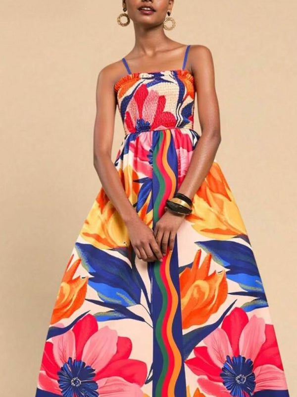 Floral print sleeveless waisted resort dress