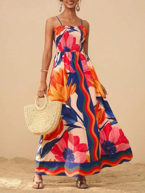 Floral print sleeveless waisted resort dress