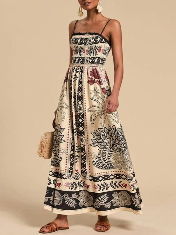 Floral print sleeveless waisted resort dress