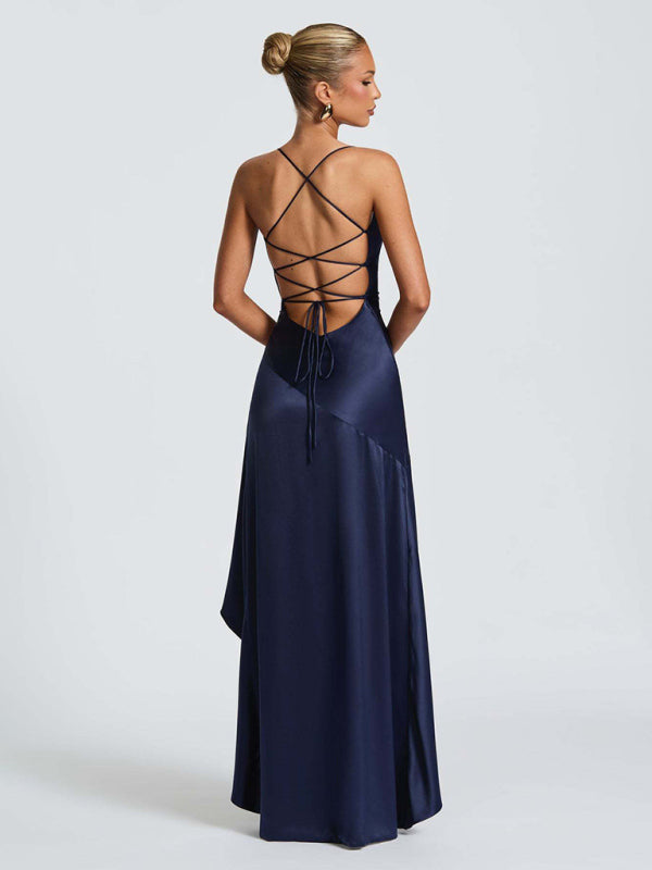 Sexy halter dress with ruffled, irregular hem.