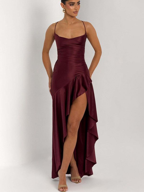 Sexy halter dress with ruffled, irregular hem.