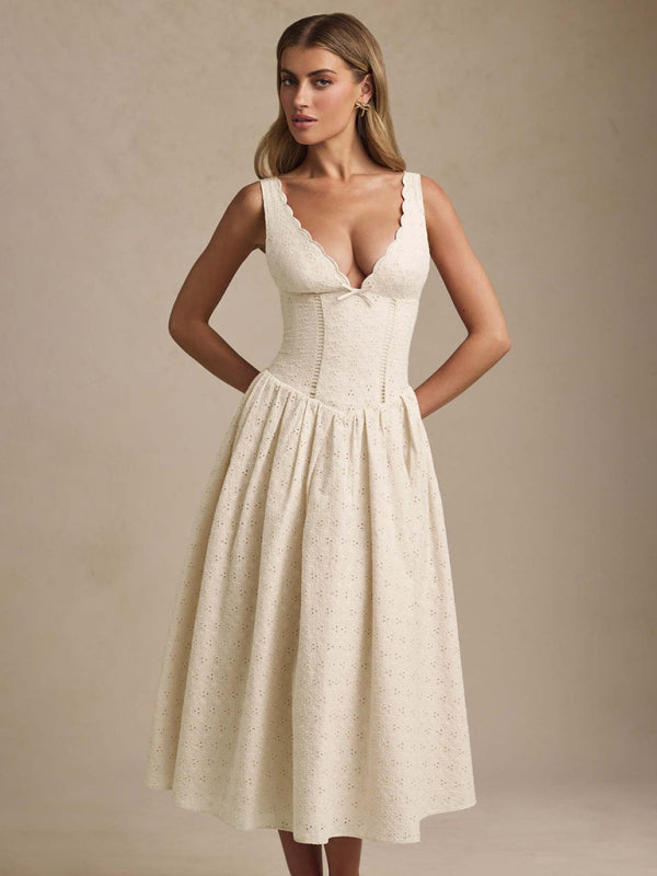 Solid color embroidered sexy elegant suspender dress